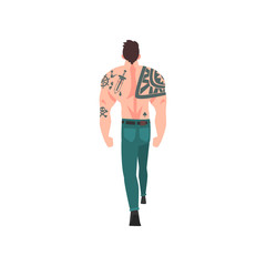Muscular Man with Tattoo, Attractive Tattooed Guy with Bare Chest, Back View Vector Illustration