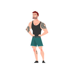 Bearded Muscular Man with Tattoo, Attractive Tattooed Guy Wearing Black Sleeveless Shirt and Shorts Vector Illustration