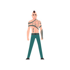 Punk Man with Tattoo, Tattooed Guy with Bare Chest and Mohawk Hairstyle Vector Illustration