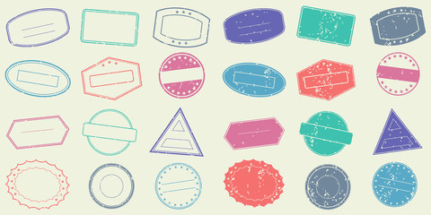 Stamp frame set with grunge borders. Empty seal collection. Vector illustration.