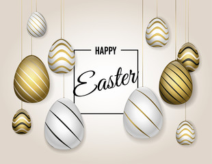 Banner with golden and white easter eggs and wishes of a Happy Easter. Realistic eggs decorated with a striped pattern.