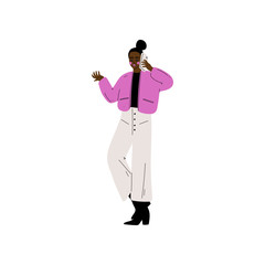 African American Woman in Modern Clothing Talking on Smartphone, Trendy Creative Girl with  Electronic Device Vector Illustration
