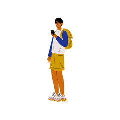 Young Man with Smartphone, Guy with Backpack Using  Electronic Gadget Vector Illustration