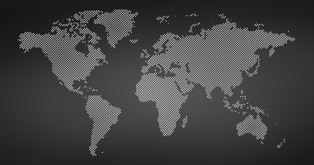 Zwarte halftone gestippelde wereldkaart. Vector illustratie. Gestippelde kaart in plat ontwerp. Vectorillustratie geïsoleerd op zwarte achtergrond