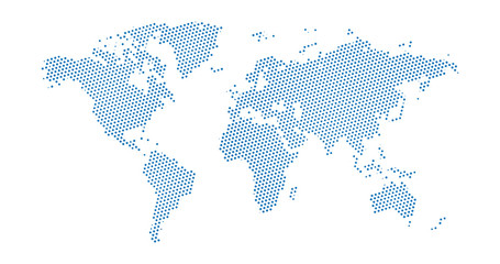 Black halftone dotted blue world map. Vector illustration. Dotted map in flat design. Vector illustration isolated on white background