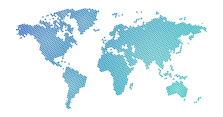 Tuinposter Zwarte halftone gestippelde blauwe gradiënt wereldkaart. Vector illustratie. Gestippelde kaart in plat ontwerp. Vectorillustratie geïsoleerd op een witte achtergrond © CarryLove