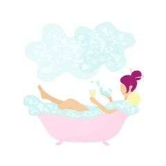 Young tiny woman bathing and drinking wine