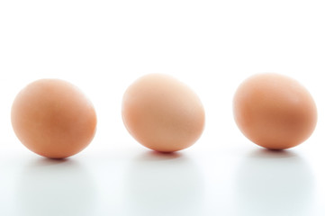 Three eggs in a row isolated on white blank background