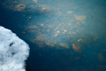 dark blue water in early spring with some splinters and snow on coast