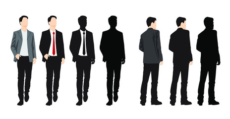 Set of silhouettes man standing, cartoon character, business people in black and colorful clothes, vector silhouettes and flat designe icon isolated on white 