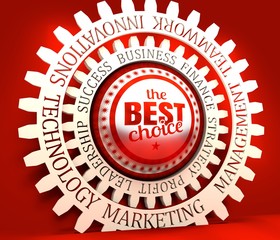 Stamp icon. Graphic design elements. 3D rendering. The best choice text. Metallic material. Business relative words on the gear