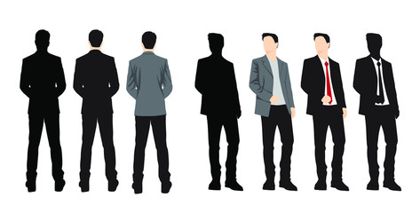 Set of silhouettes man standing, cartoon character, business people in black and colorful clothes, vector silhouettes and flat designe icon isolated on white 