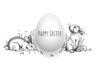 Greeting card with Happy Easter lettering. Background with 3D egg and two hand drawn Easter Bunnies.  Sketch of Paschal rabbits sitting on the grass.