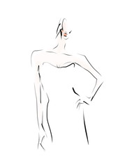 Woman, girl, model in dress. Fashion sketch, vector