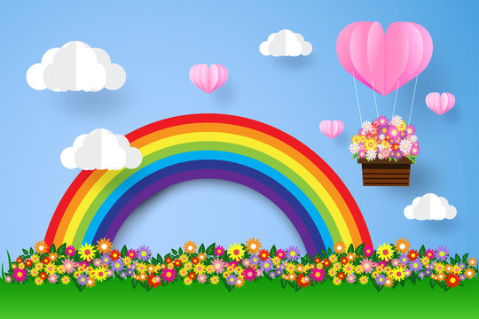  Rainbow and clouds , beautiful flower , paper art style, heart in the sky