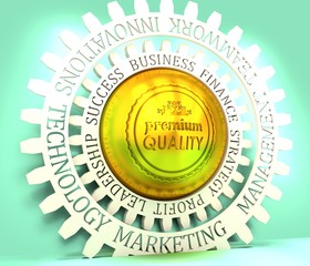 Stamp icon. Graphic design elements. 3D rendering. Premium quality text and crown symbol. Golden metallic material. Business relative words on the gear