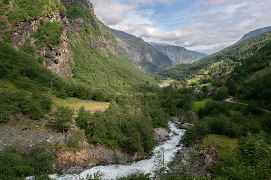 Scenic River Valley Road in Norway &ndash; Beautiful Northern Europe Nature