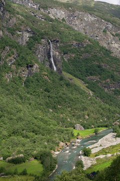 Hidden Waterfall in Norway. Amazing Scandinavian nature. Travel Europe