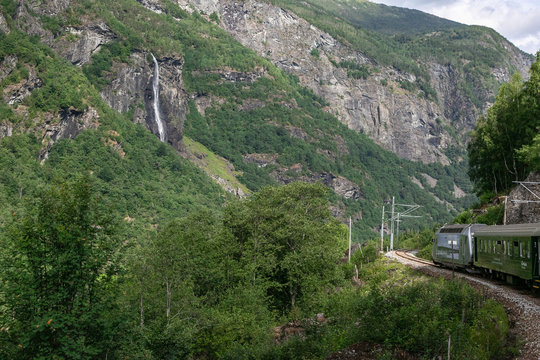 Scenic Train Journey Through Scandinavian Mountains. Travel Norway