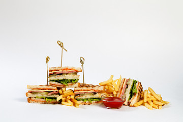 Photo session new menu of coffee house, fresh club sandwich with chicken and vegetables, lettuce...