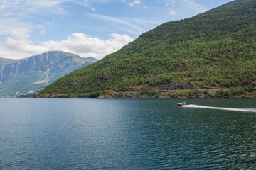 Fototapeta na wymiar Fjord with a speed boat at the background 