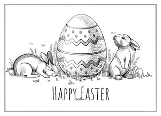 Greeting card with Happy Easter lettering. Background with hand drawn egg and two Easter Bunnies. Vector sketch of Paschal rabbits sitting on the grass. Egg hunt.