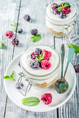 Cheesecake in portioned jars with summer berries
