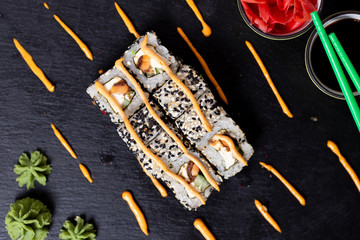 Sushi, rolls, fish, sauce