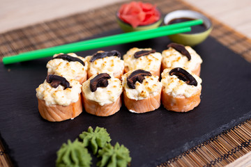 Sushi, rolls, fish, sauce