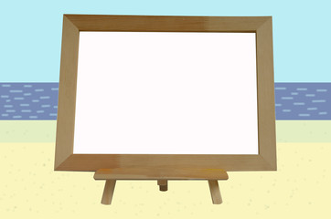 Table wooden easel, a white canvas in the background of a bright summer background. Template for inscription, drawing.