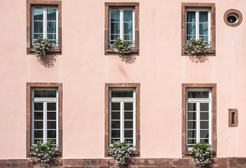 Fototapeta na wymiar Pink facade of a building with windows and flowers in pots in the historic district 