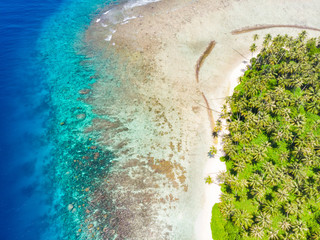 Aerial top down view Banyak Islands Sumatra tropical archipelago Indonesia, Aceh, coral reef white sand beach. Top travel tourist destination, best diving snorkeling.