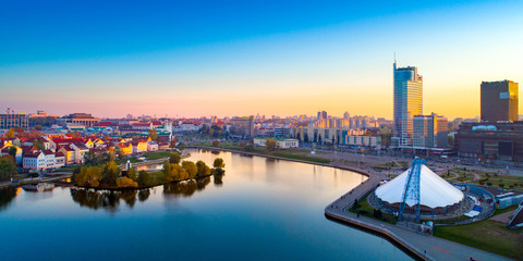 Aerial view of Nemiga, Minsk. Belarus - obrazy, fototapety, plakaty