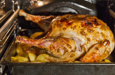 Turkey is baked in the oven closeup