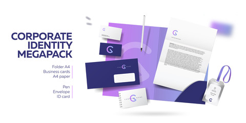 Corporate branding identity design. Stationery mockup vector megapack set. Template for industrial or technic company. Folder and A4 letter, visiting card and envelope. Colorful creative logo design.