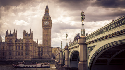 Big Ben Tower and Houses of Parliament, London (UK). April 2016. Landscape format.