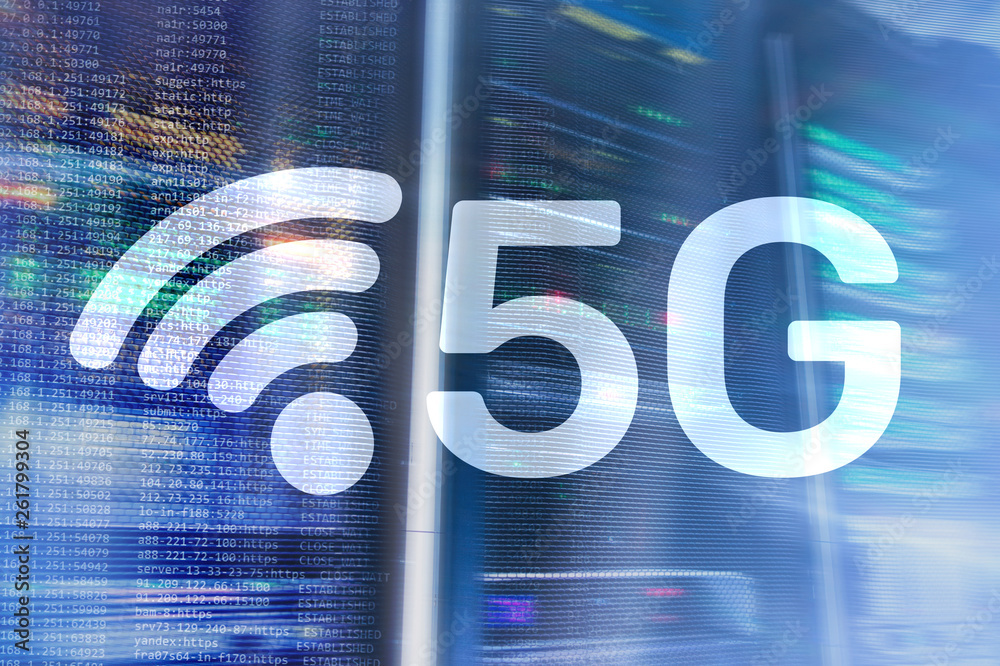 Wall mural 5g network, 5g internet connection concept in digital background. smart communication network concep