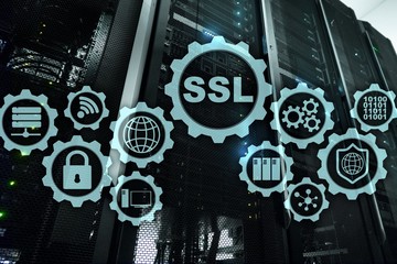 SSL Secure Sockets Layer concept. Cryptographic protocols provide secured communications. Server room background.