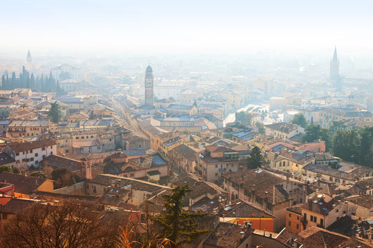 View of Verona city in a foggy morning, Italy. 