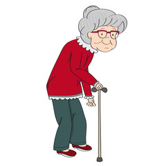 Old grey-haired senior lady, retired woman, granny with walking stick. Original hand drawn illustration.