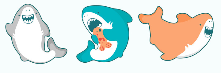 Sharks vector cartoon seafish, cute smiles and waves fin in kawaii style illustration
