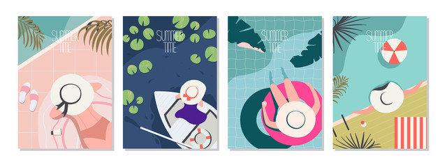 Cute posters of Summer time, vector drawn illustrations of girls on vacation.