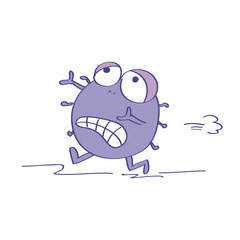 Terrified or scared virus, gem, bacteria or microbe running away. Original funny hand drawn cartoon illustration.