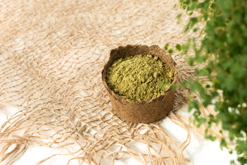 henna powder for dyeing hair and eyebrows and drawing mehendi on hands,  with green palm leaf