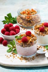 dessert with homemade granola, fresh raspberries, fruit and natural yoghurt on board, vertical