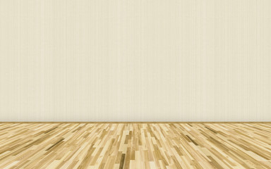 Empty room with ash wood parquet floor and beige striped wallpaper on the wall. 3D illustration of...