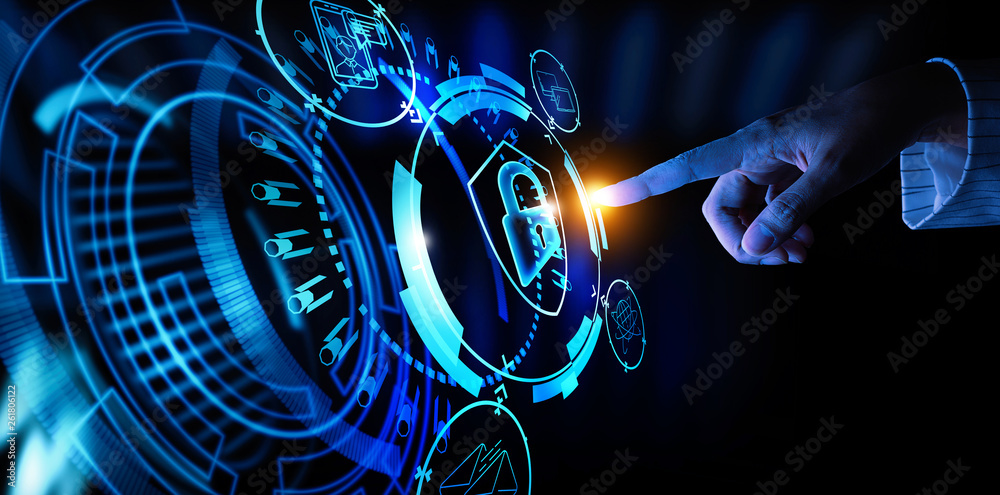 Aufkleber data protection cyber security privacy business with woman hand pointing with ui.internet technology