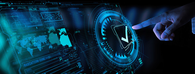Hand working with Standard Quality Control Certification Assurance Guarantee Internet Business...