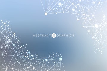 Science network pattern, connecting lines and dots. Technology hexagons structure or molecular connect elements.
