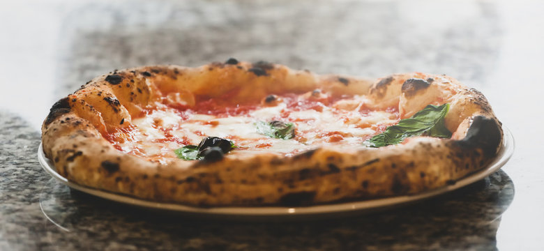 Close up of margherita pizza.
